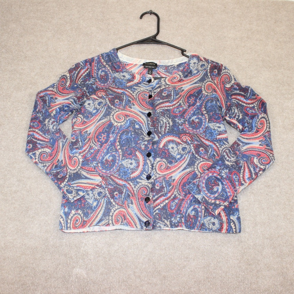 Talbots Pure Merino Wool Paisley Cardigan Sweater Blue Red M